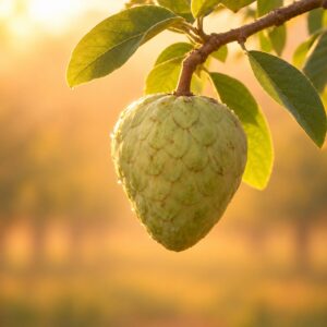 Fresh chirimoya custard apple hanging from the tree at sunrise