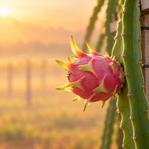 Giant dragon fruit pitahaya growing on the cactus stem at sunrise