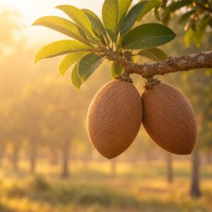 Fresh mamey sapote fruits hanging from the tree branch at sunrise