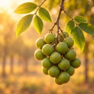 Fresh quenepa mamoncillo cluster of green Spanish limes on the branch