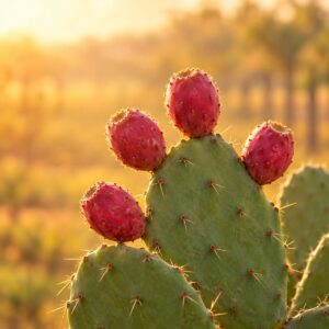 Fresh prickly pear tuna fruits growing on the cactus pads at sunrise