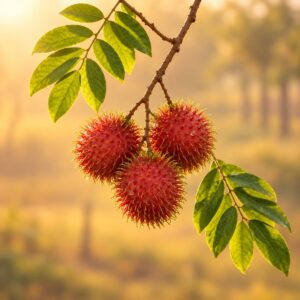 Fresh rambutan cluster hanging from the branch at sunrise