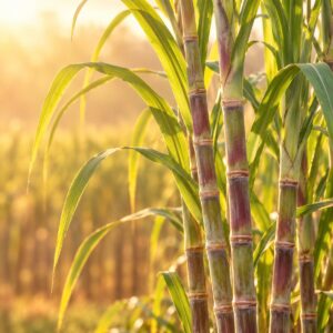 Fresh sugar cane caña stalks growing in a field at sunrise