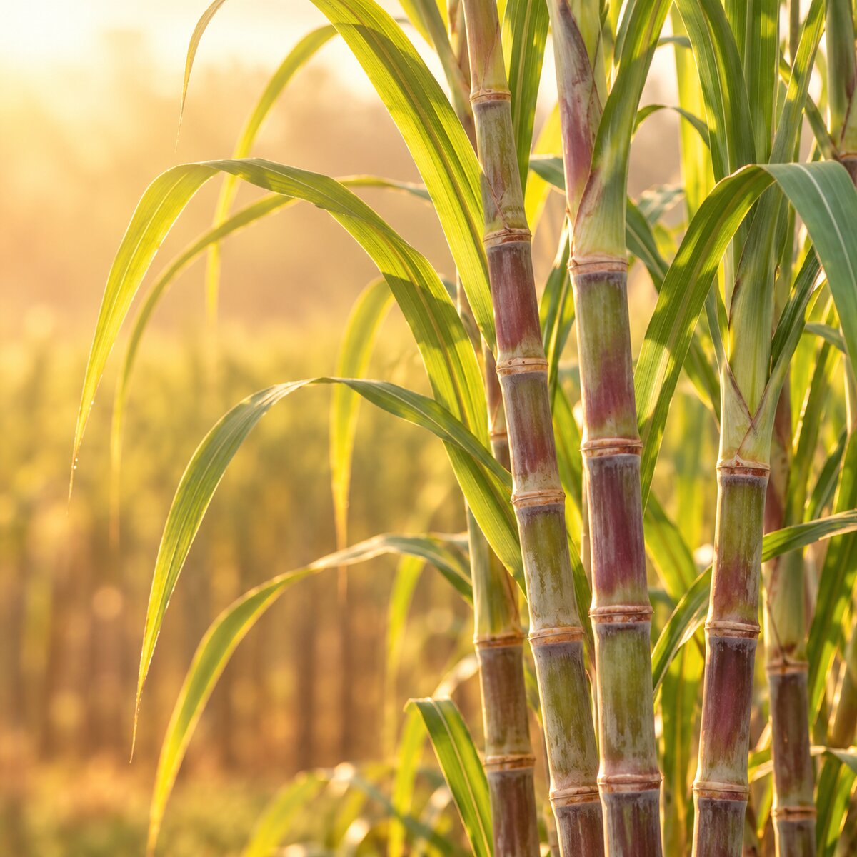 Fresh sugar cane caña stalks growing in a field at sunrise
