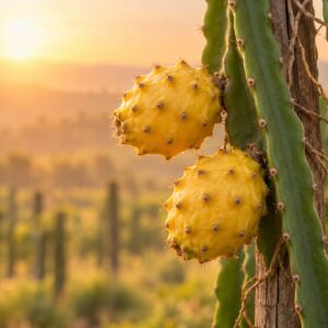 Yellow dragon fruit pitahaya amarilla growing on the cactus stem